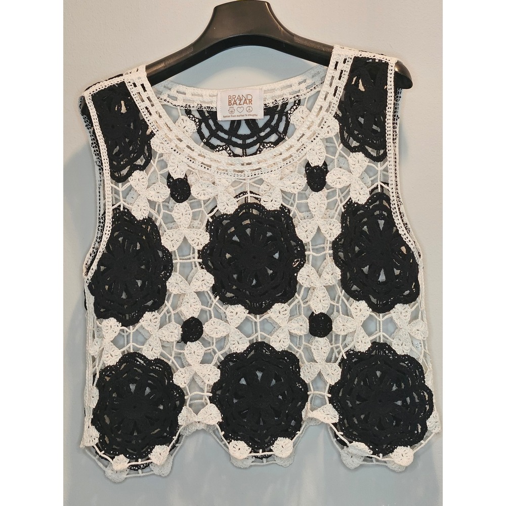 Brand Bazar Crochet Vest Black White Floral Lace Cotton Boho Sleeveless Top TU